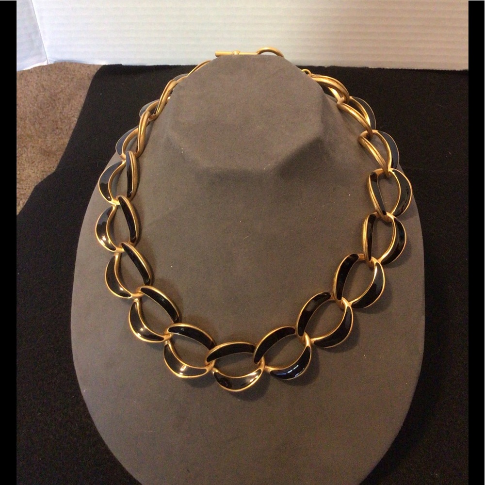 Gold Tone Black Enamel Curved Oval Choker